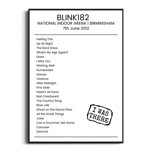 blink‐182 Birmingham 07 June 2012 Setlist Poster