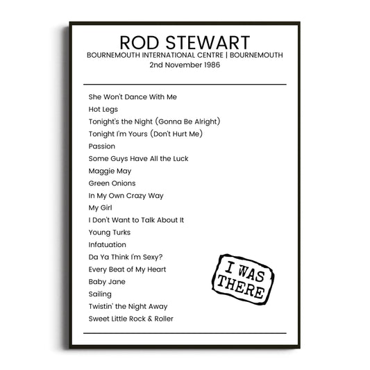 Rod Stewart Bournemouth 02 November 1986 Setlist Poster