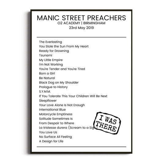 Manic Street Preachers Birmingham 23 May 2019 Setlist Poster