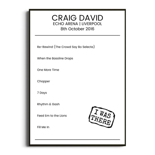 Craig David Liverpool 08 October 2016 Setlist Poster