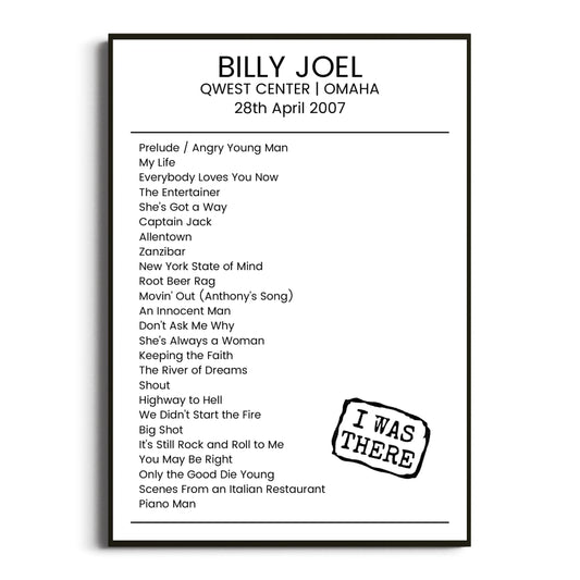 Billy Joel Omaha 28 April 2007 Setlist Poster