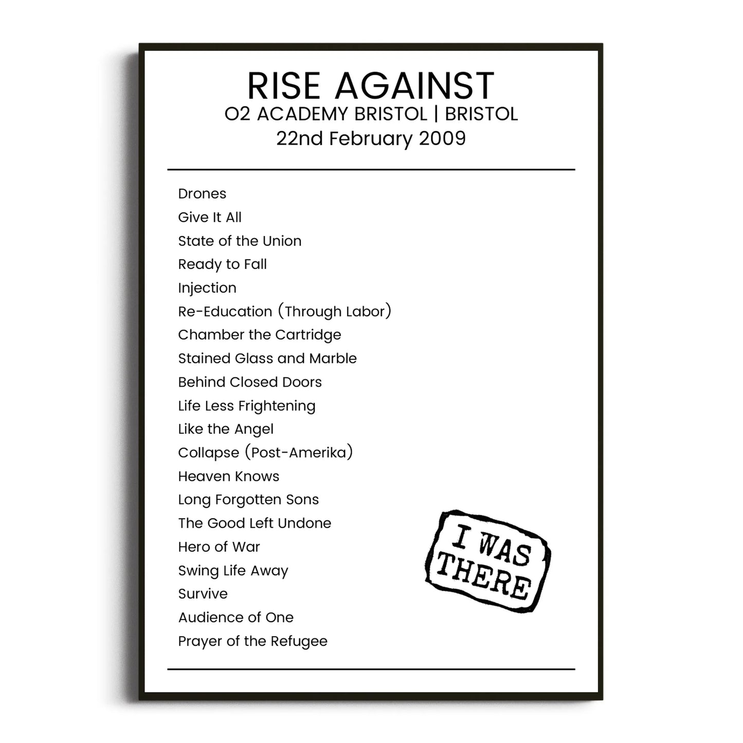 Rise Against Bristol 22 February 2009 Setlist Poster