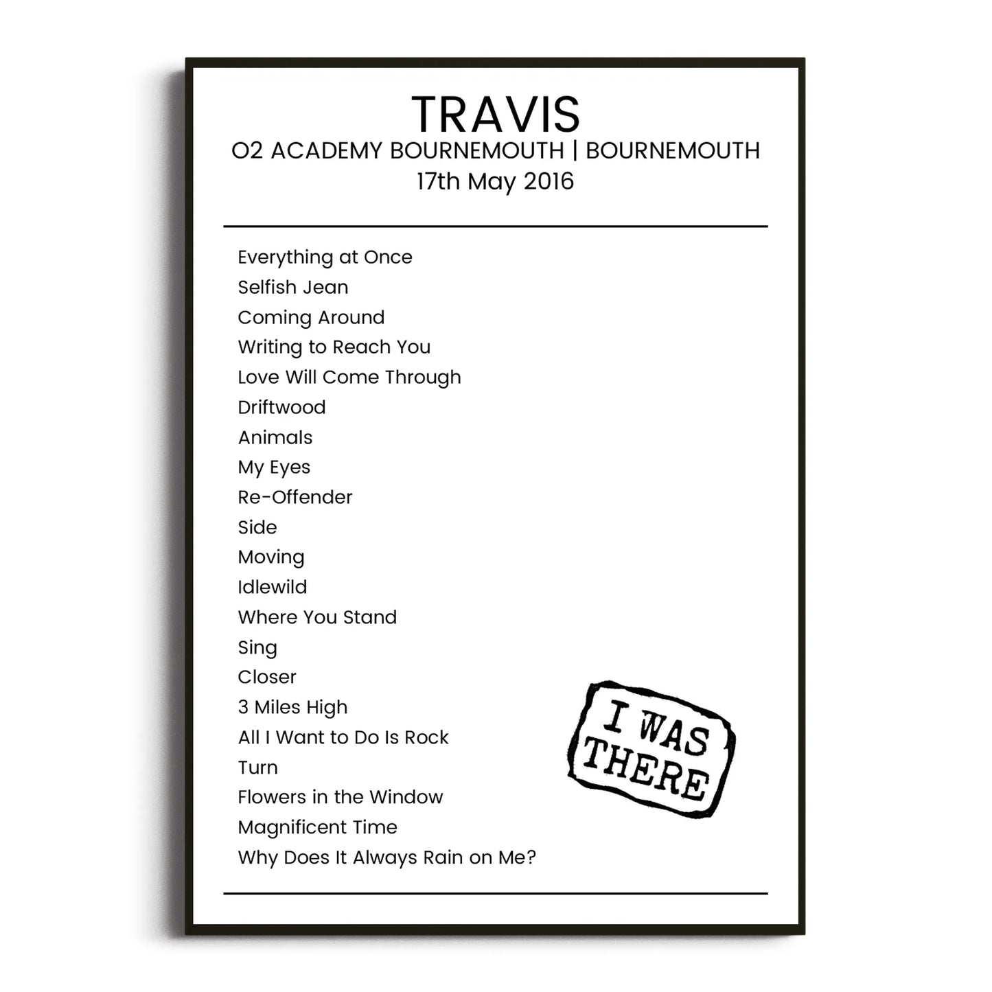 Travis Bournemouth 17 May 2016 Setlist Poster