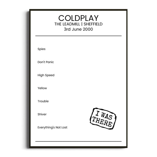 Coldplay Sheffield 03 June 2000 Setlist Poster