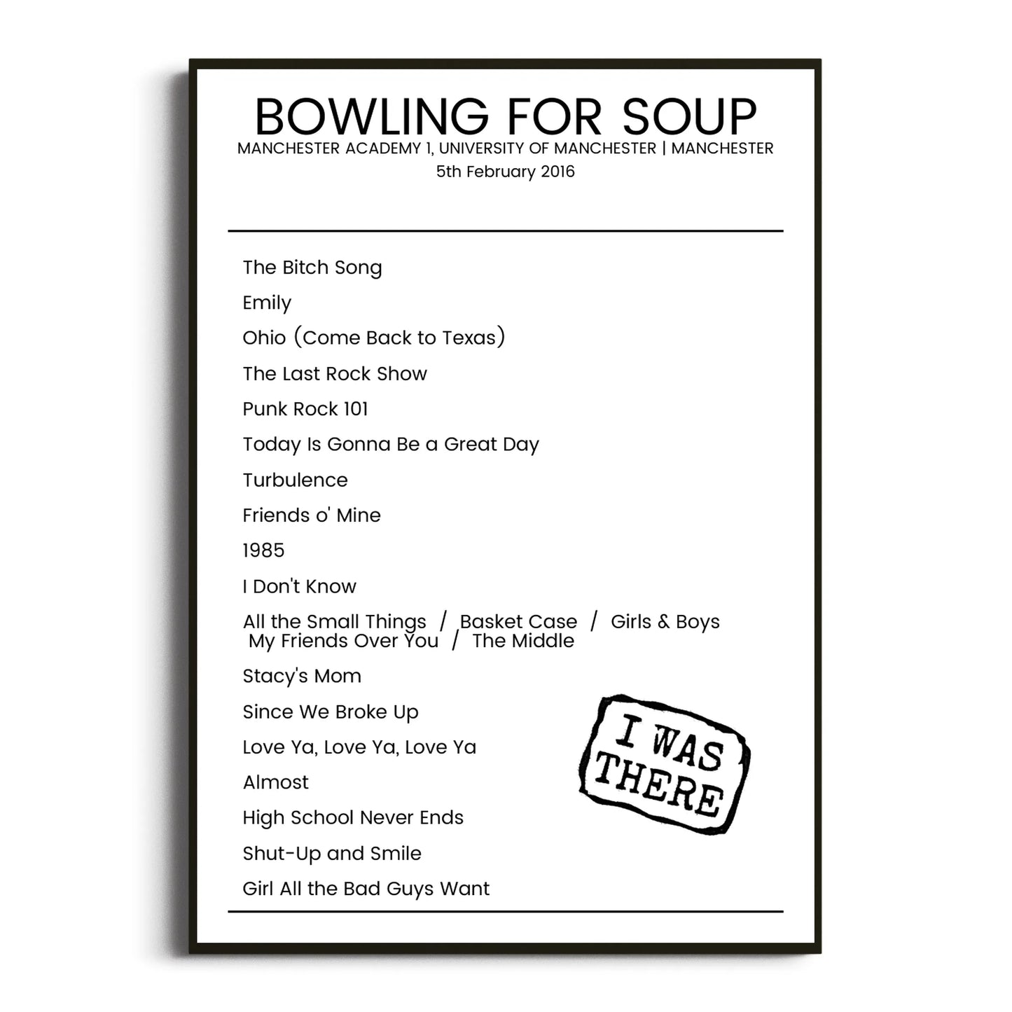 Bowling for Soup Manchester 05 February 2016 Setlist Poster