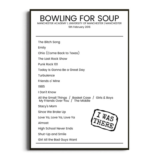 Bowling for Soup Manchester 05 February 2016 Setlist Poster