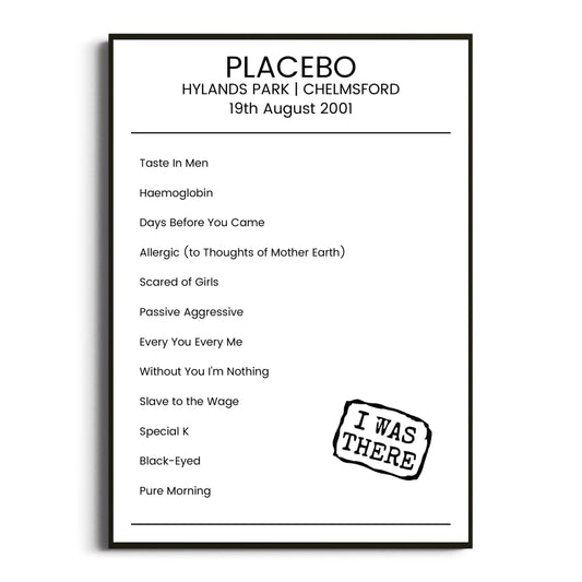 Placebo Chelmsford 19 August 2001 Setlist Poster