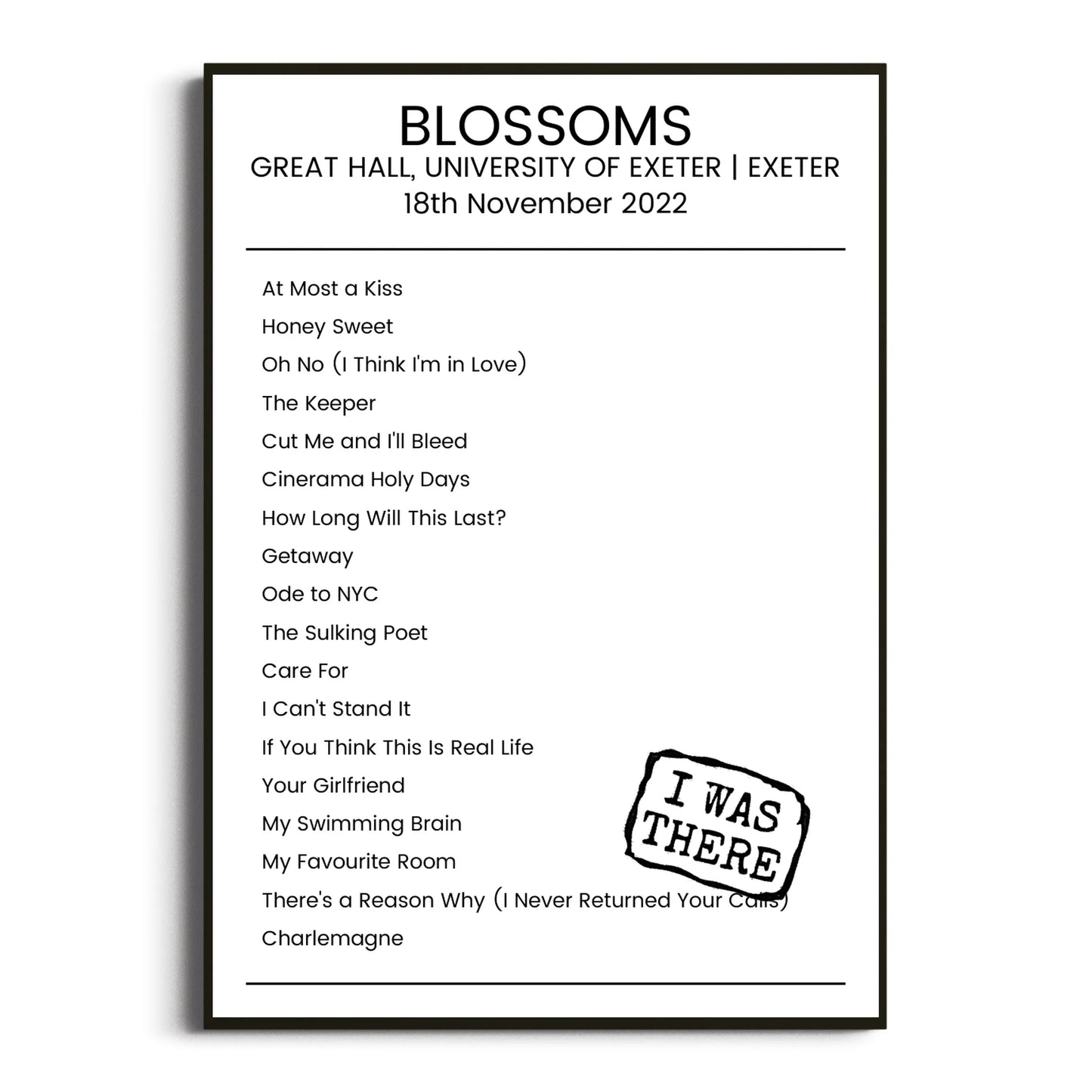 Blossoms Exeter 18 November 2022 Setlist Poster