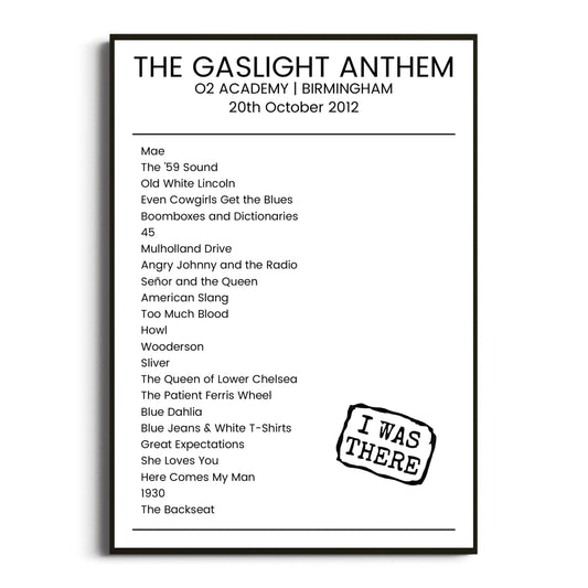 The Gaslight Anthem Birmingham 20 October 2012 Setlist Poster