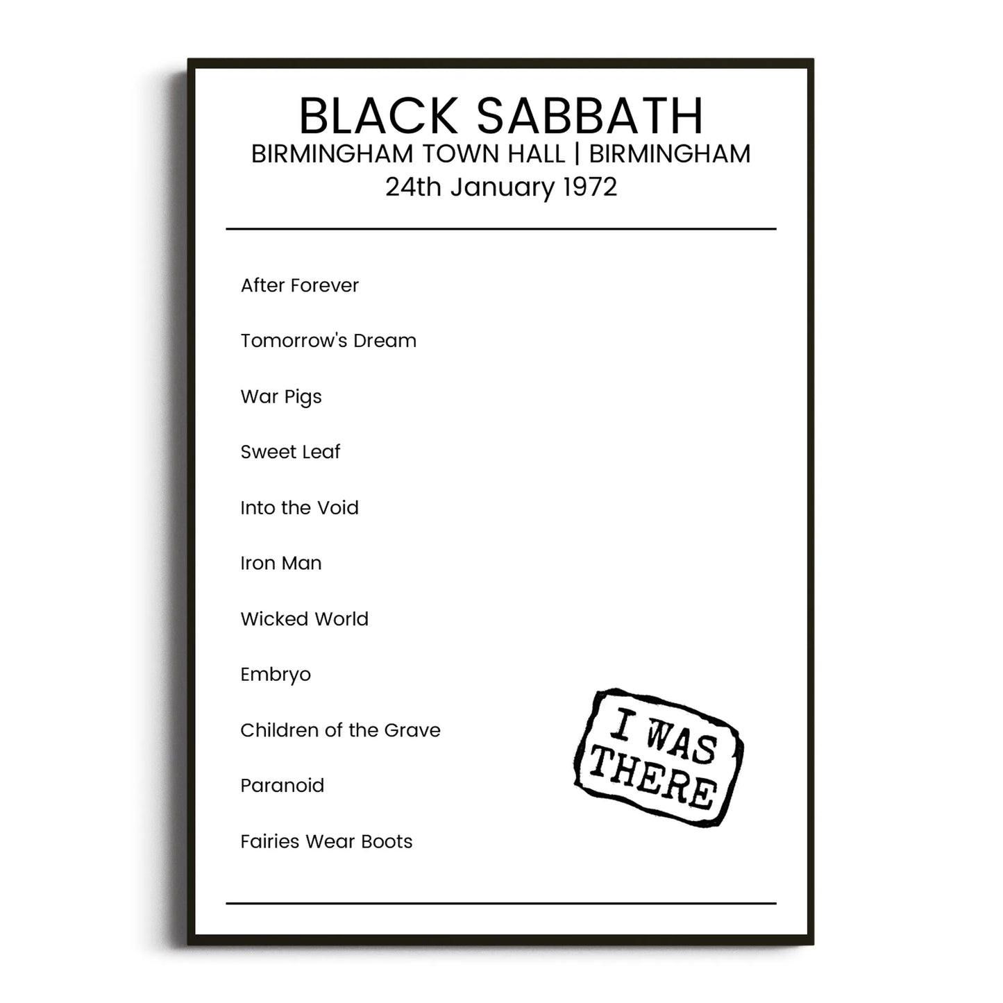 Black Sabbath Birmingham 24 January 1972 Setlist Poster