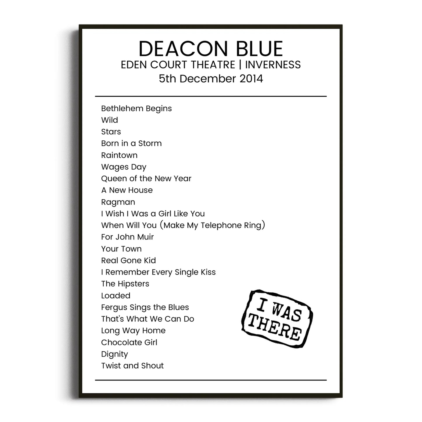 Deacon Blue Inverness 05 December 2014 Setlist Poster