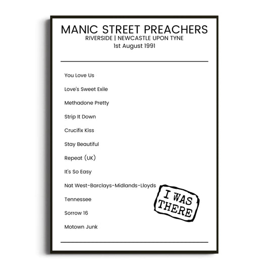 Manic Street Preachers Newcastle upon Tyne 01 August 1991 Setlist Poster