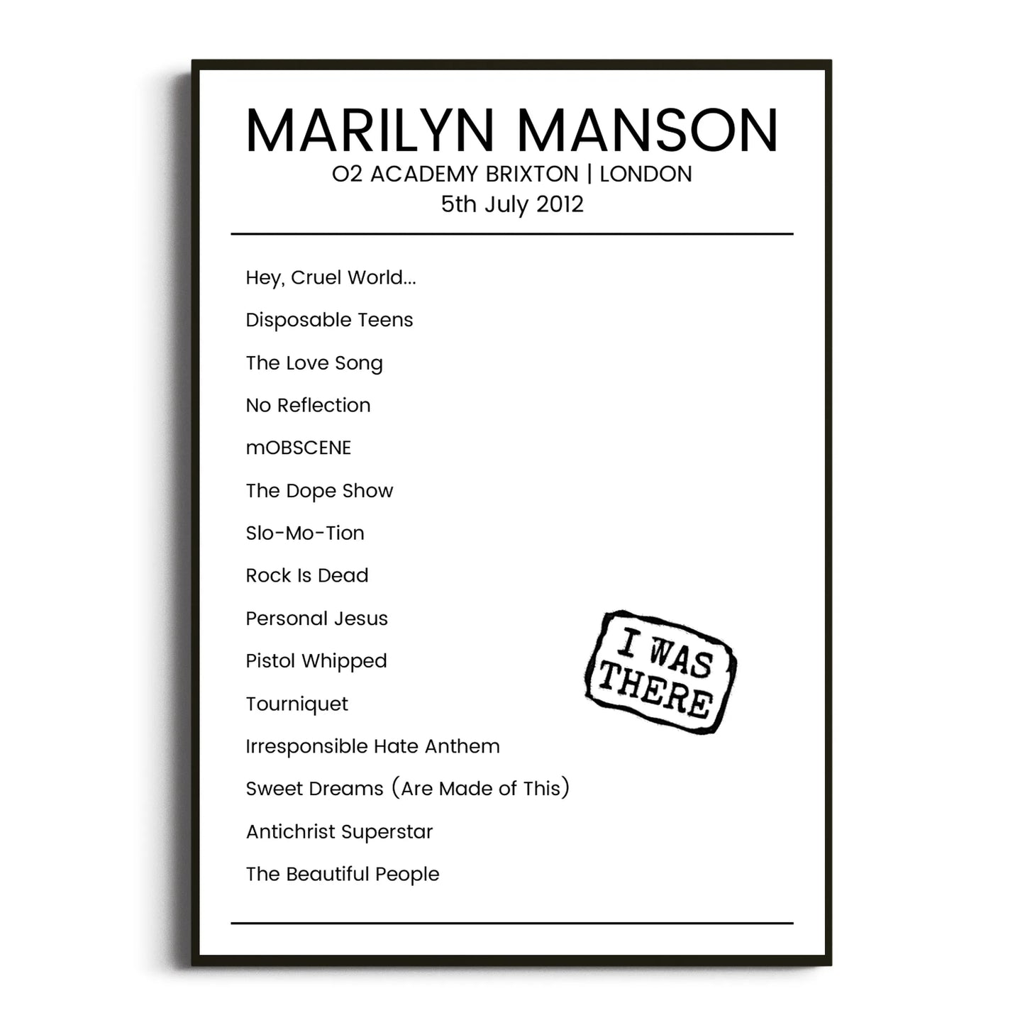 Marilyn Manson London 05 July 2012 Setlist Poster