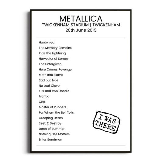 Metallica Twickenham 20 June 2019 Setlist Poster