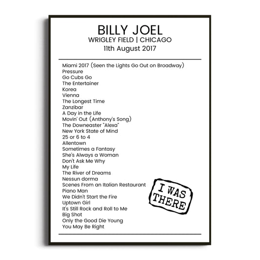 Billy Joel Chicago 11 August 2017 Setlist Poster