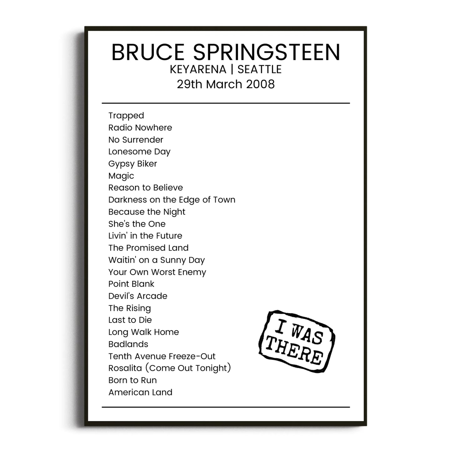 Bruce Springsteen Seattle 29 March 2008 Setlist Poster