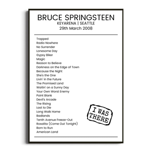 Bruce Springsteen Seattle 29 March 2008 Setlist Poster