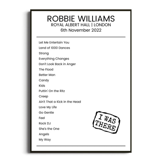 Robbie Williams London 06 November 2022 Setlist Poster