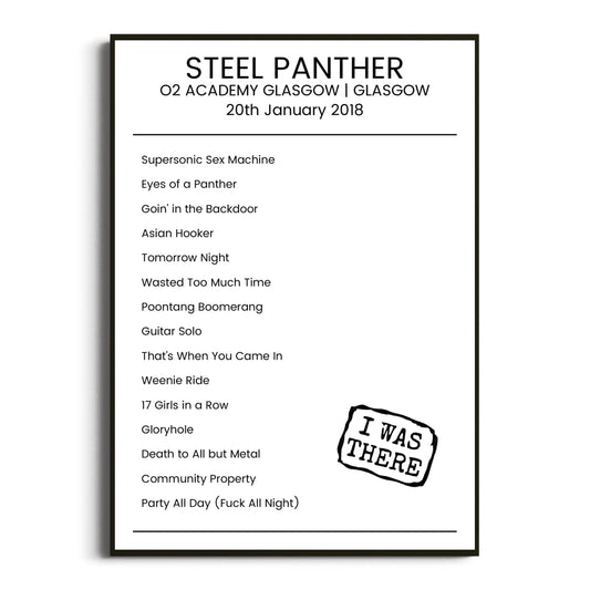 Steel Panther Glasgow 20 January 2018 Setlist Poster