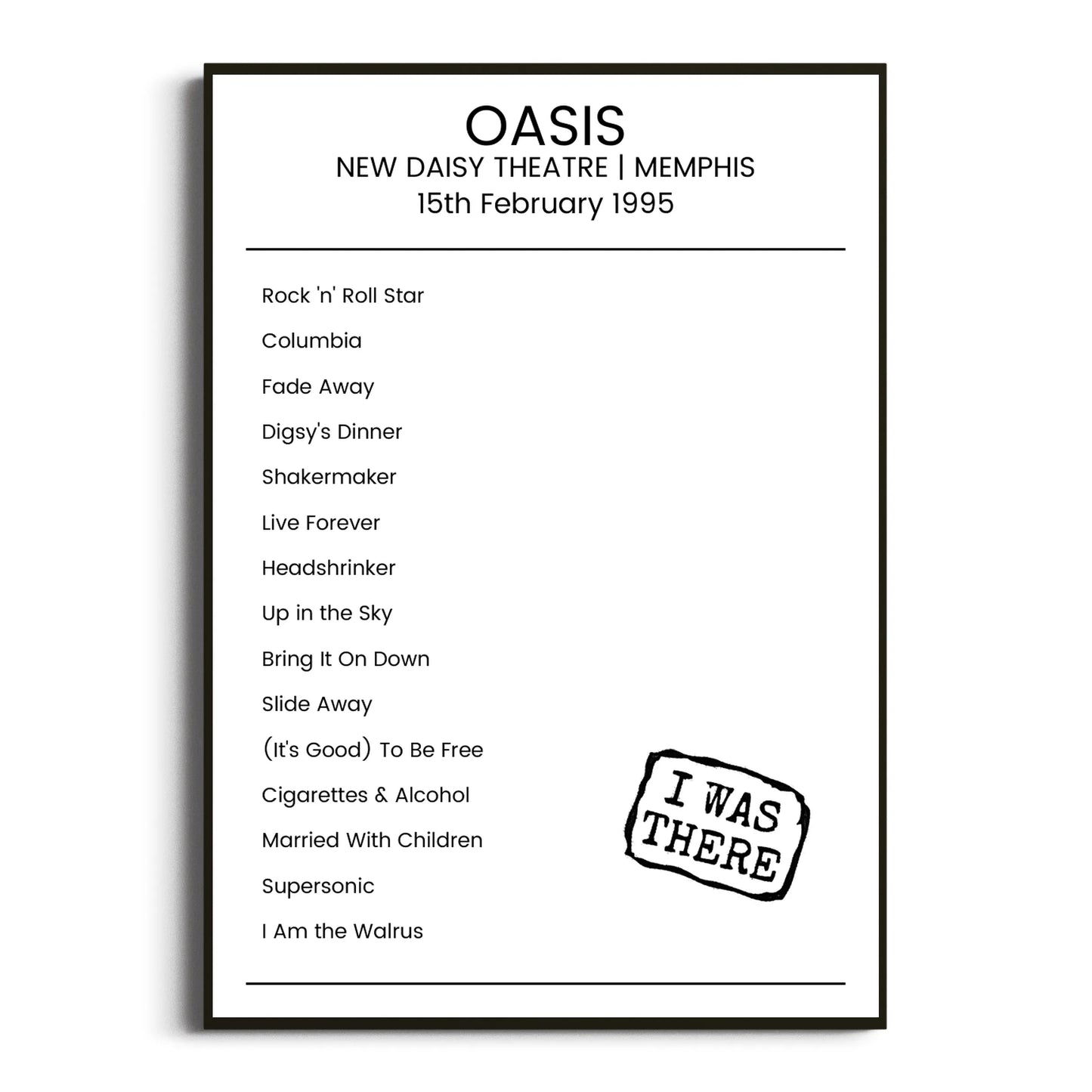 Oasis Memphis 15 February 1995 Setlist Poster