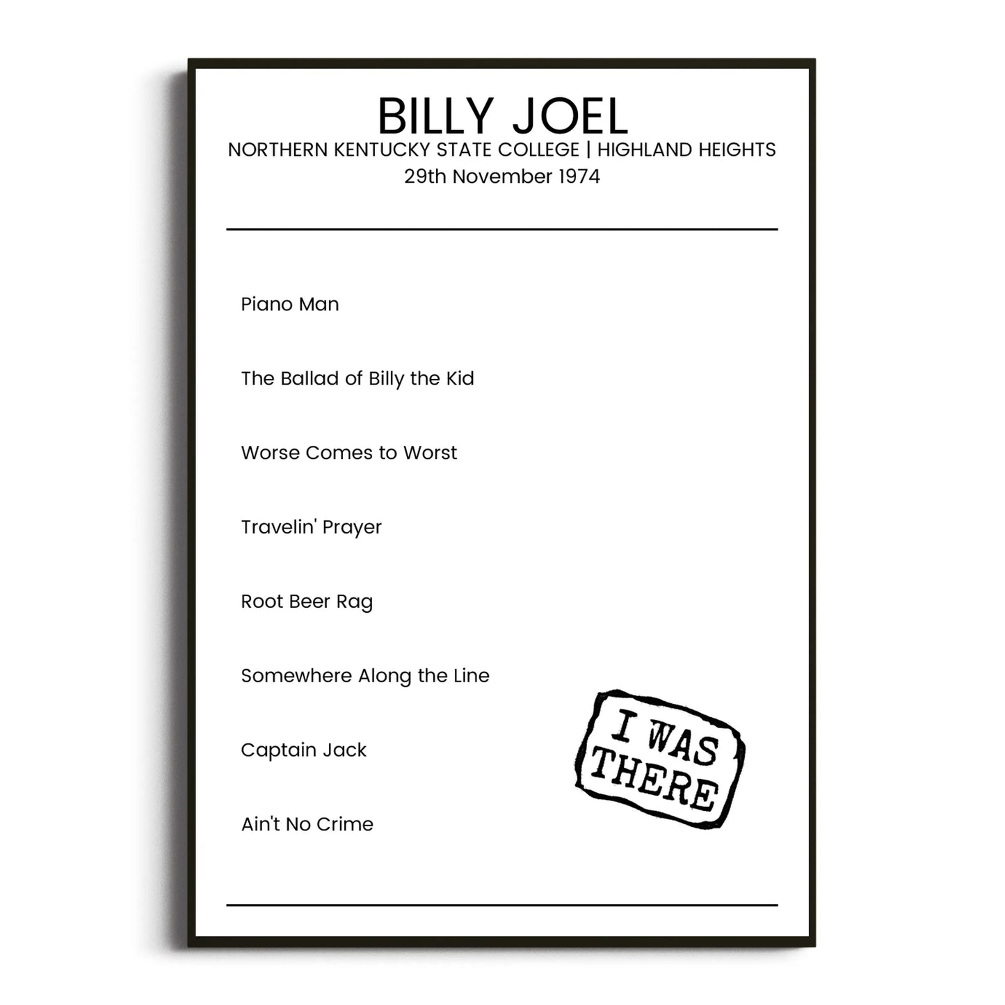 Billy Joel Highland Heights 29 November 1974 Setlist Poster