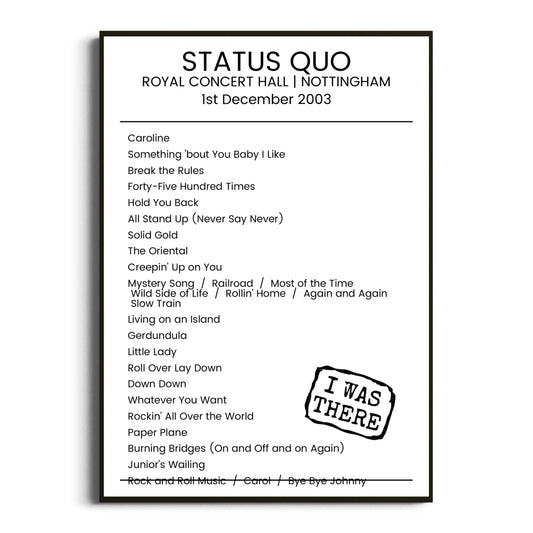 Status Quo Nottingham 01 December 2003 Setlist Poster