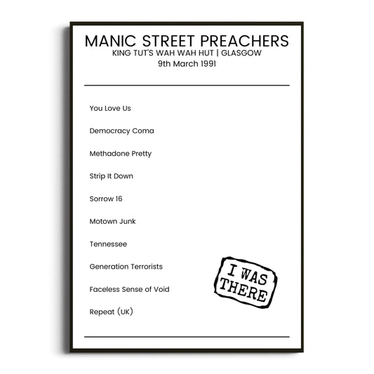 Manic Street Preachers Glasgow 09 March 1991 Setlist Poster