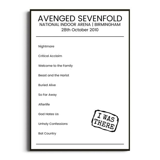 Avenged Sevenfold Birmingham 28 October 2010 Setlist Poster