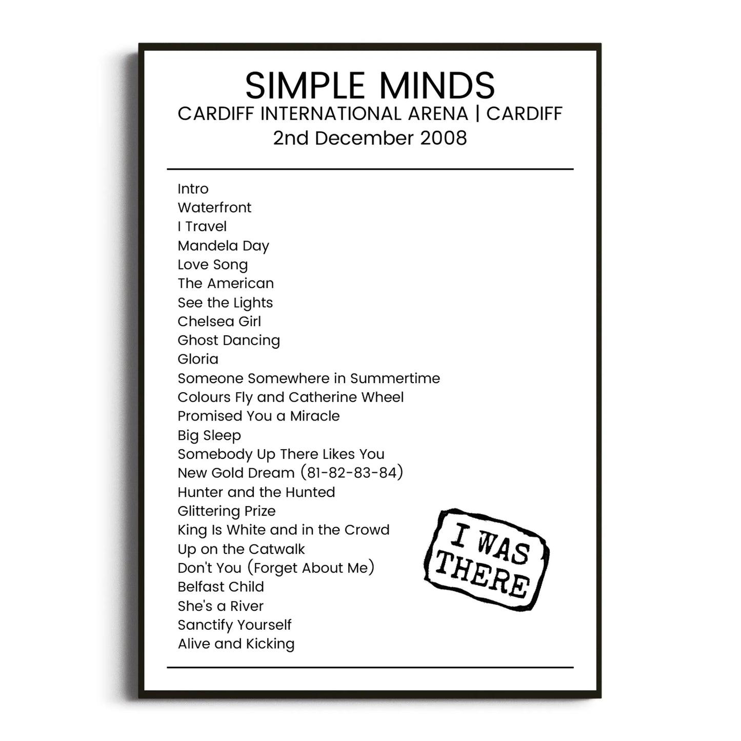 Simple Minds Cardiff 02 December 2008 Setlist Poster