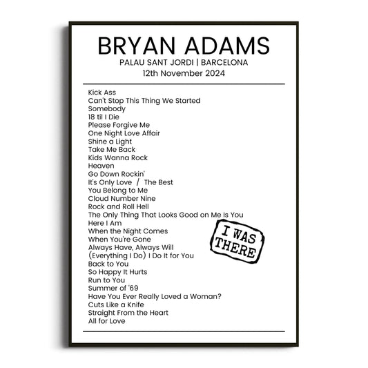 Bryan Adams Barcelona 12 November 2024 Setlist Poster