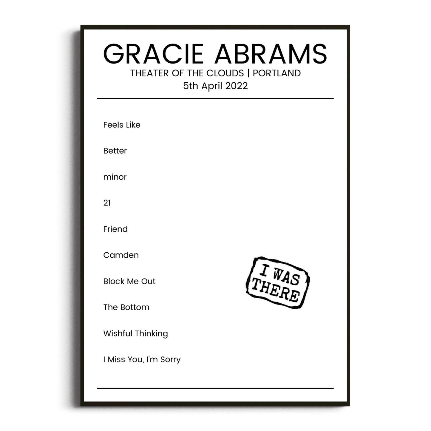 Gracie Abrams Portland 05 April 2022 Setlist Poster