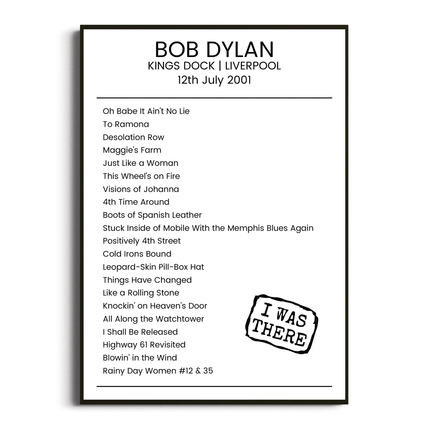 Bob Dylan Liverpool 12 July 2001 Setlist Poster