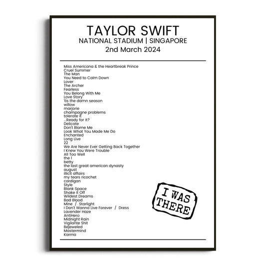 Taylor Swift Singapore 02 March 2024 Setlist Poster