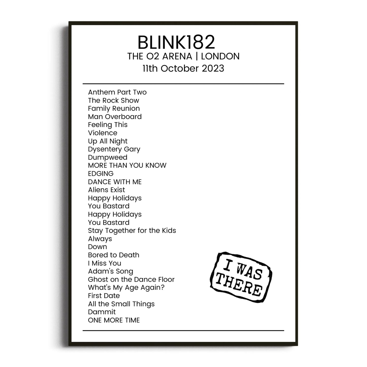 blink‐182 London 11 October 2023 Setlist Poster