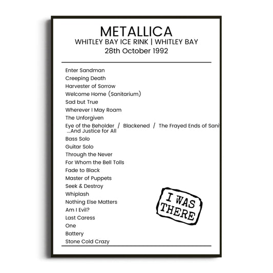 Metallica Whitley Bay 28 October 1992 Setlist Poster