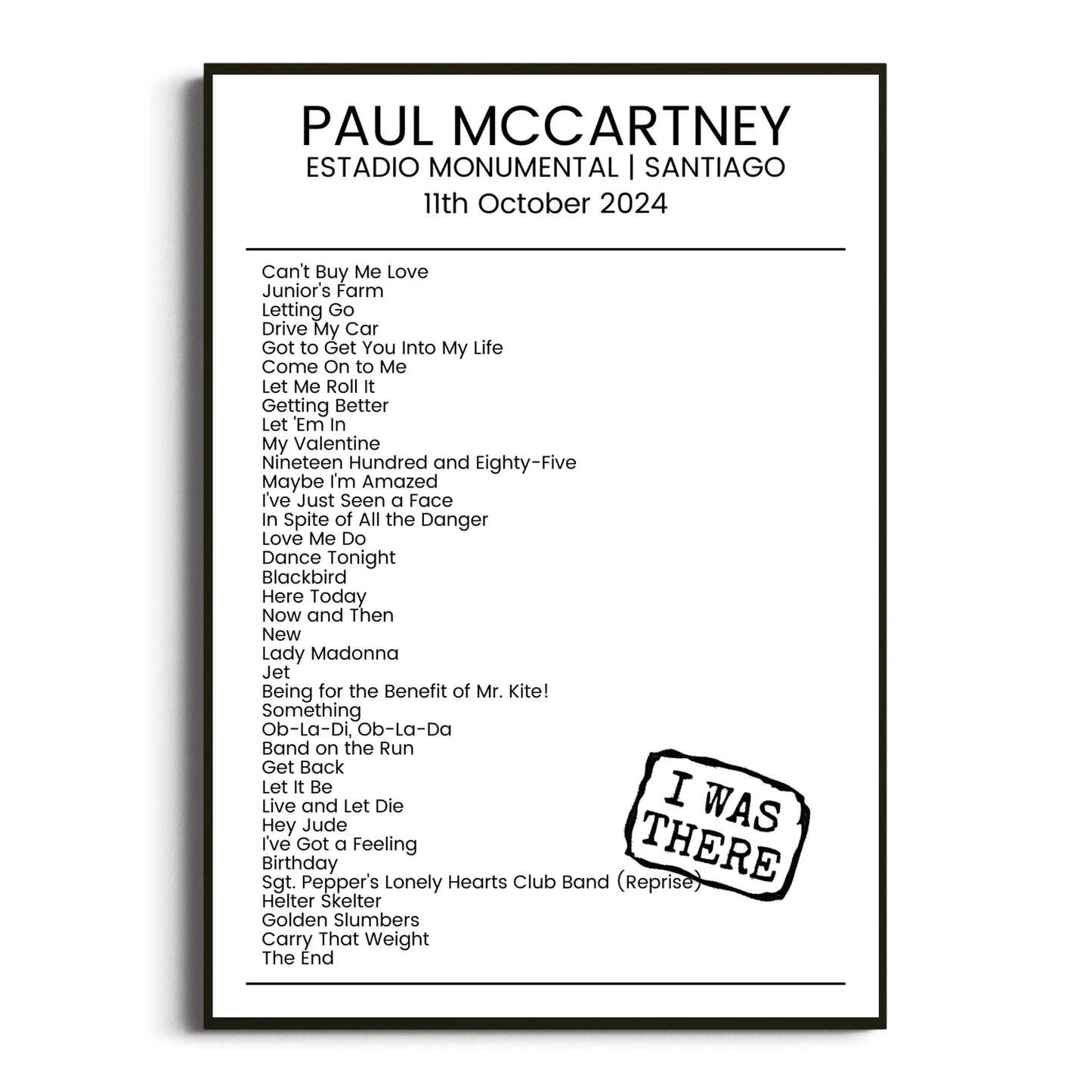 Paul McCartney Santiago 11 October 2024 Setlist Poster