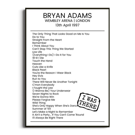 Bryan Adams London 13 April 1997 Setlist Poster