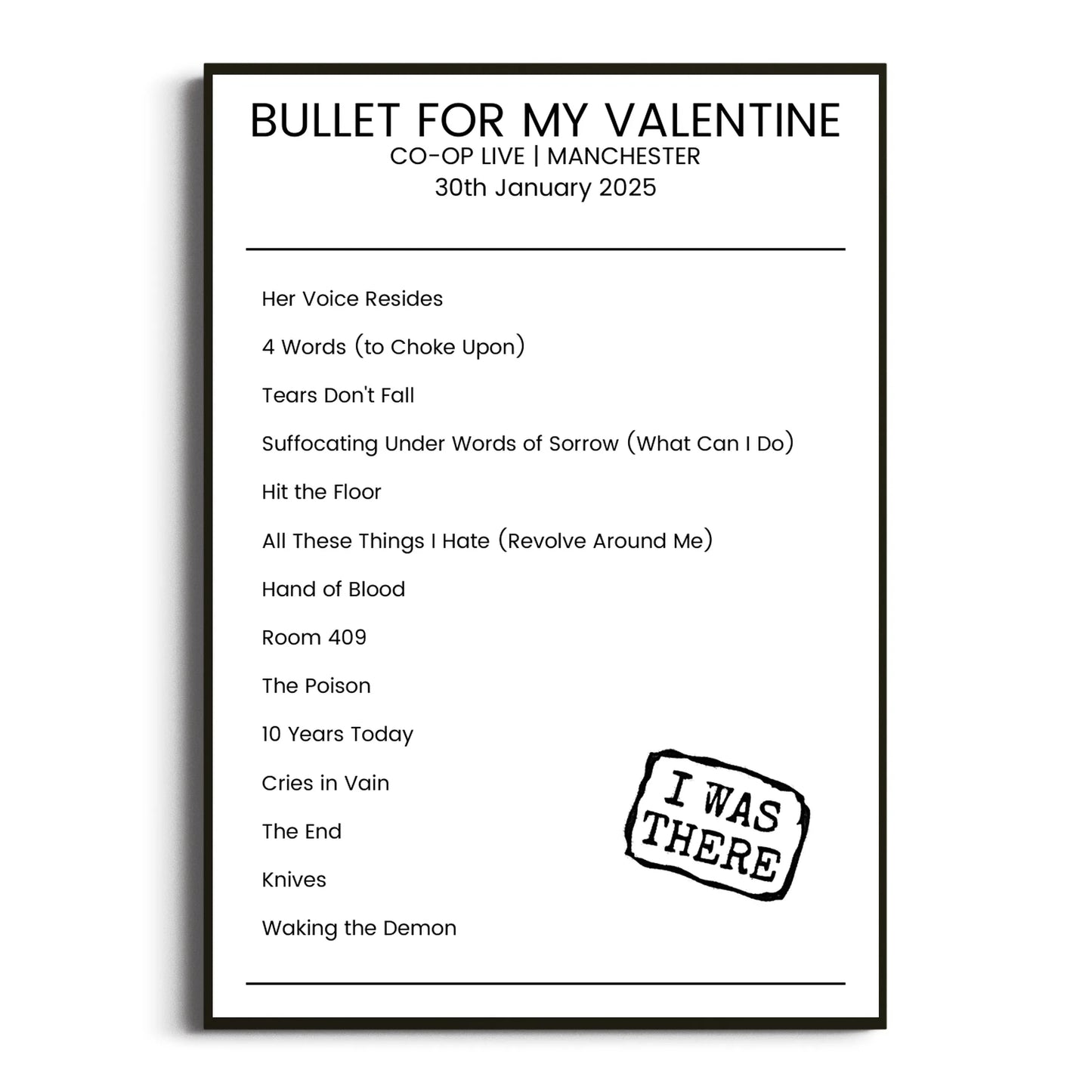 Bullet for My Valentine Manchester 30 January 2025 Setlist Poster