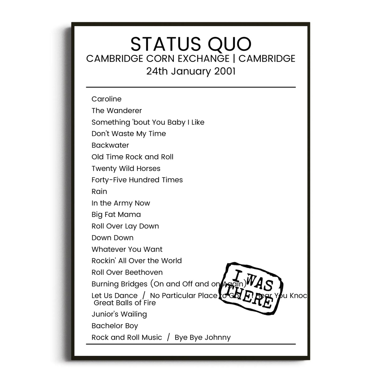 Status Quo Cambridge 24 January 2001 Setlist Poster