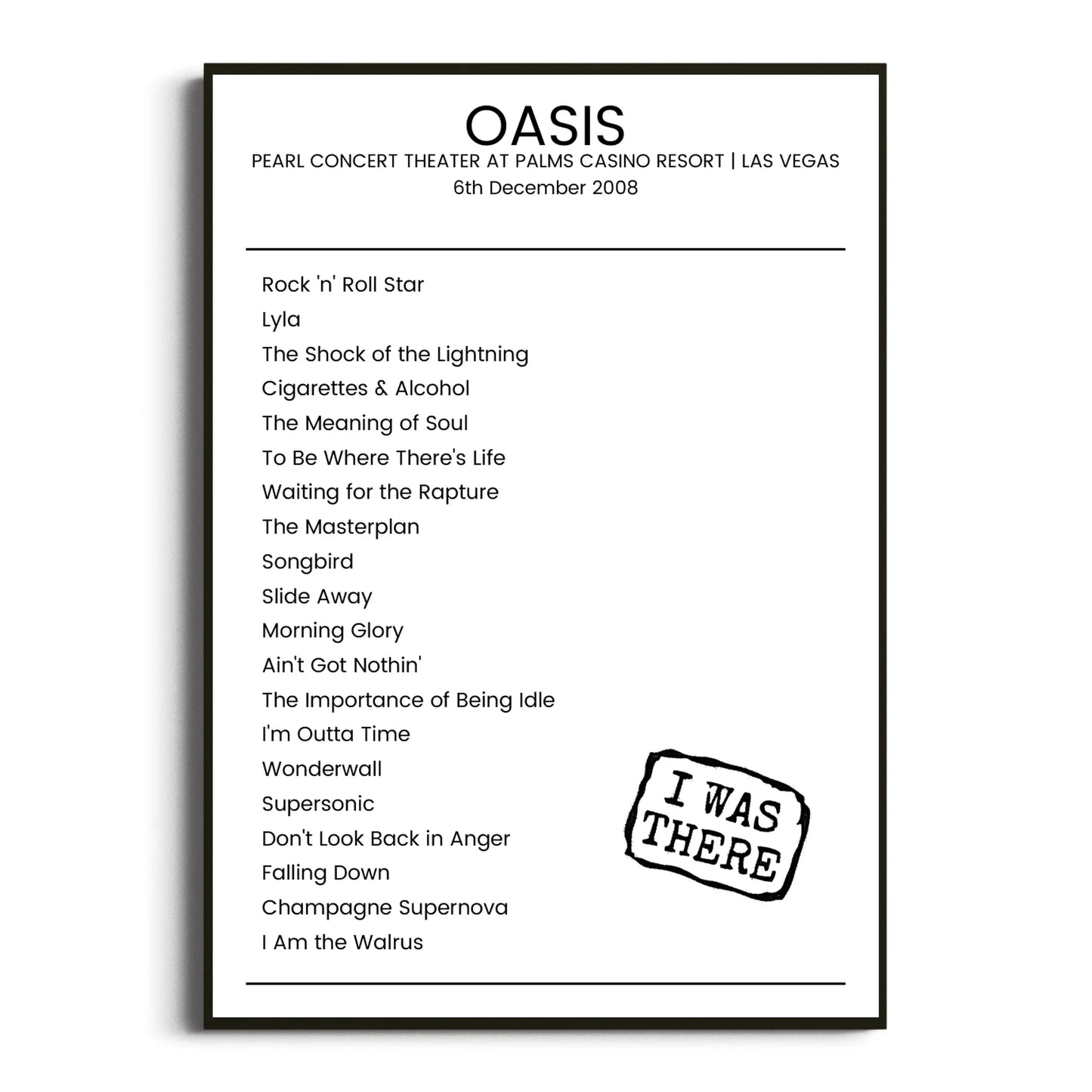 Oasis Las Vegas 06 December 2008 Setlist Poster