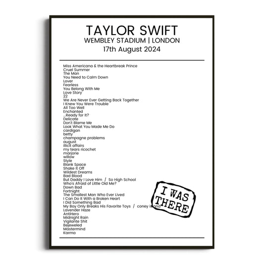 Taylor Swift London 17 August 2024 Setlist Poster