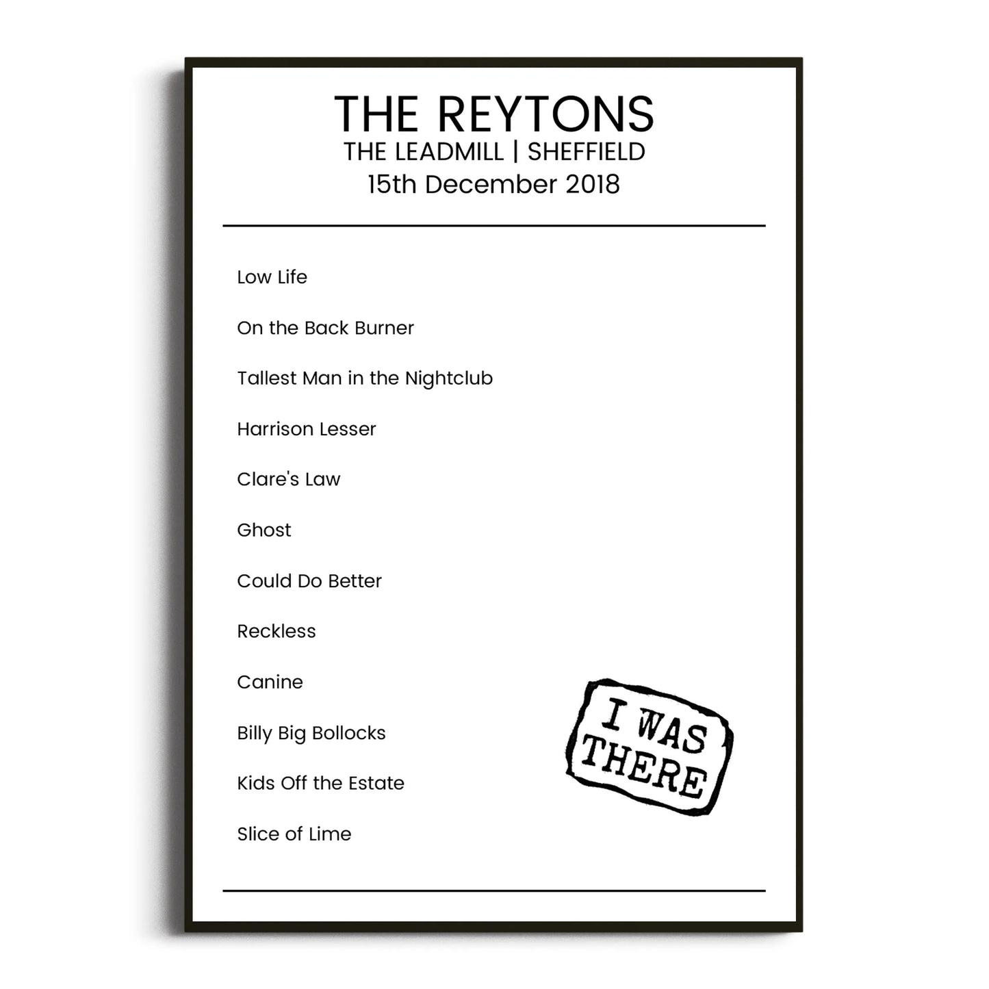 The Reytons Sheffield 15 December 2018 Setlist Poster