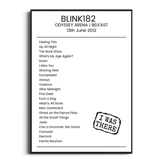 blink‐182 Belfast 13 June 2012 Setlist Poster