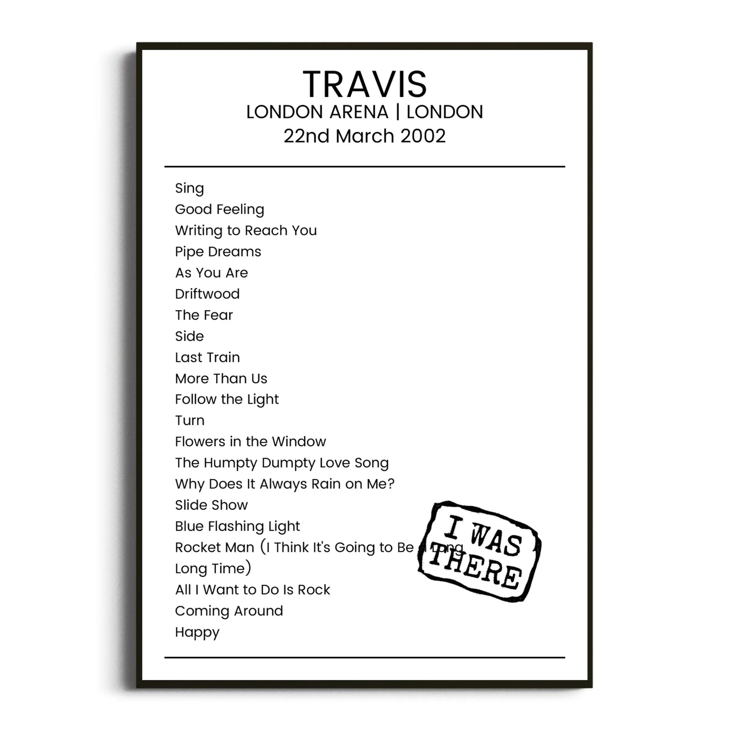 Travis London 22 March 2002 Setlist Poster