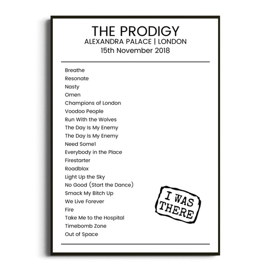 The Prodigy London 15 November 2018 Setlist Poster