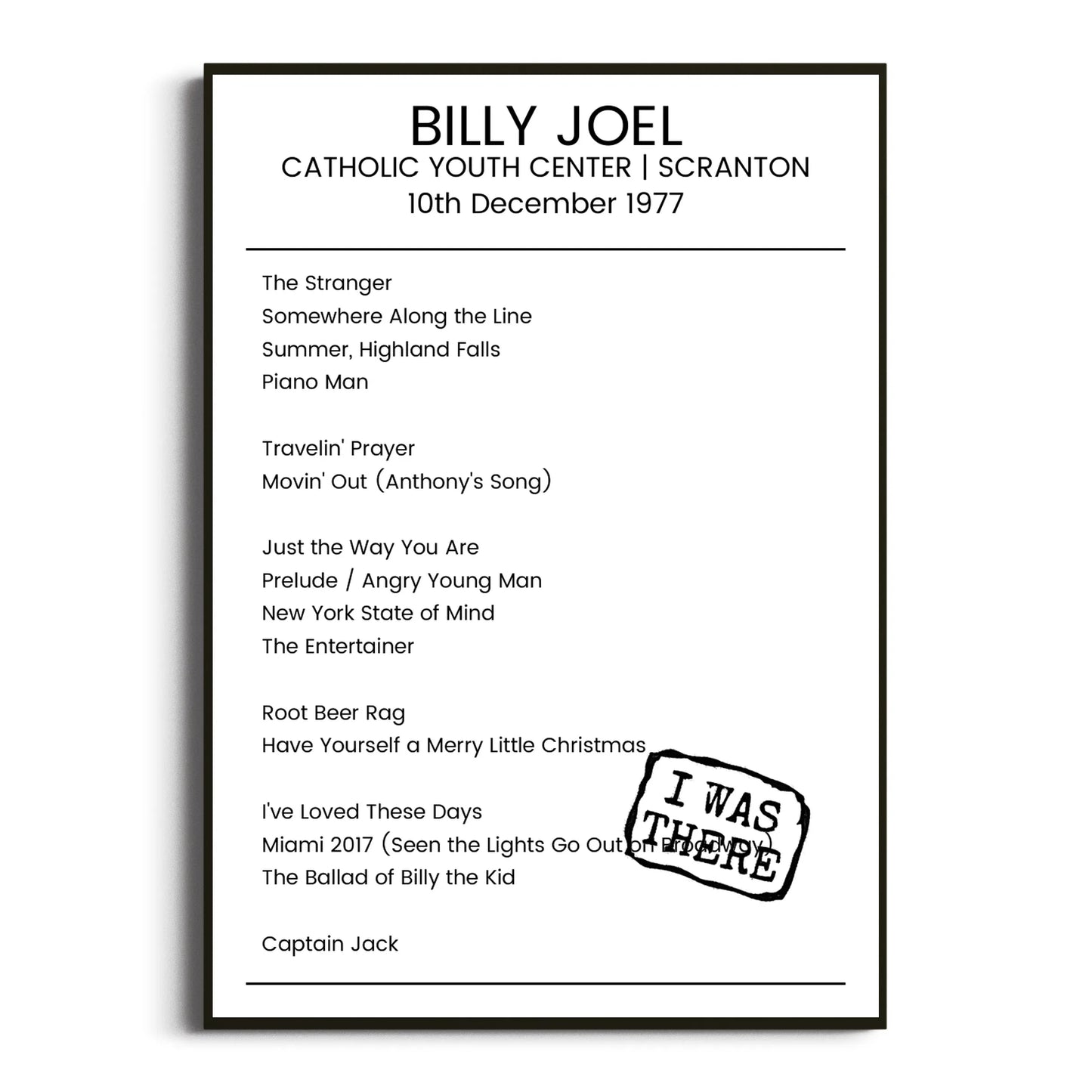 Billy Joel Scranton 10 December 1977 Setlist Poster