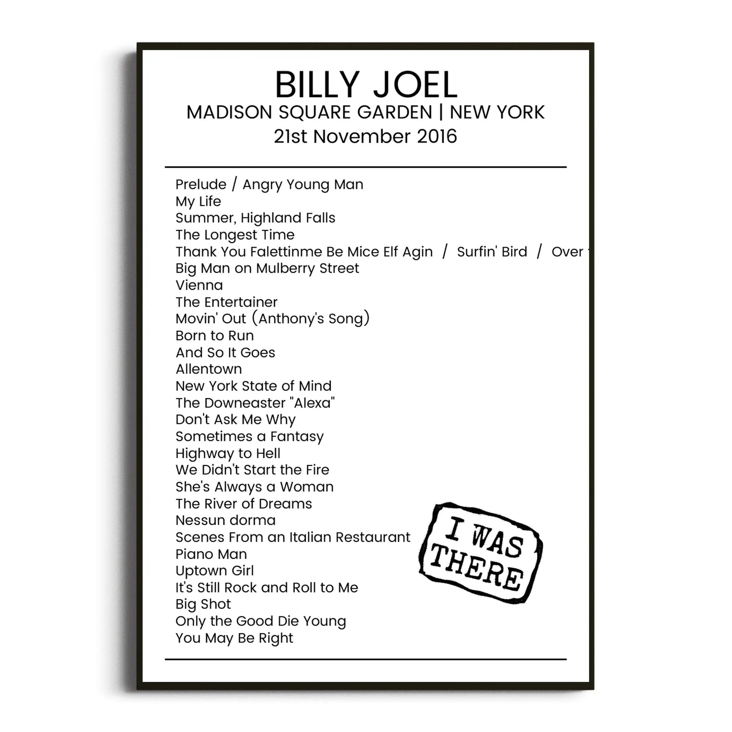 Billy Joel New York 21 November 2016 Setlist Poster