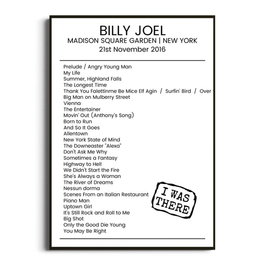 Billy Joel New York 21 November 2016 Setlist Poster