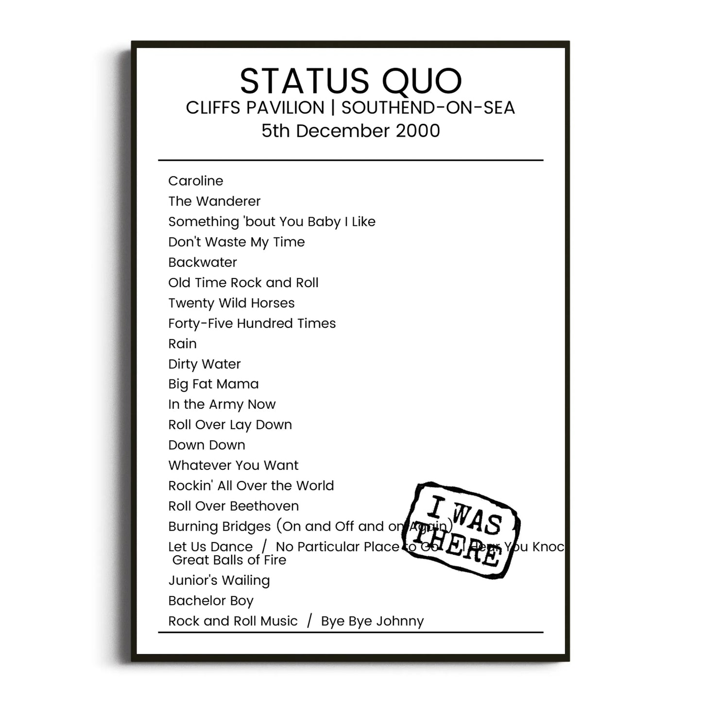 Status Quo Southend-on-Sea 05 December 2000 Setlist Poster