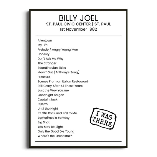 Billy Joel St. Paul 01 November 1982 Setlist Poster